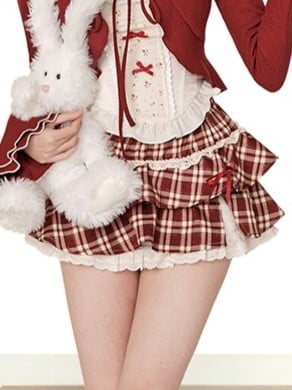 - Skirt Plaid Tiered Kawaii Classic Style Red