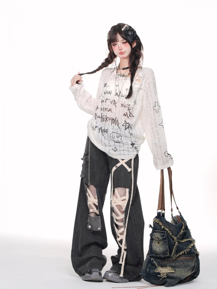 Schwarze Jeans mit weitem Bein und Cut-outs und Schnürdetail