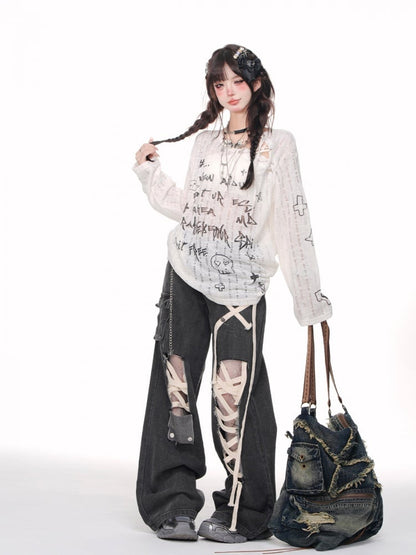 Schwarze Jeans mit weitem Bein und Cut-outs und Schnürdetail