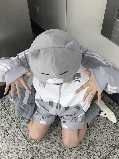 Elastic Shorts Gray Daily Waist Design Kawaii Cat with
