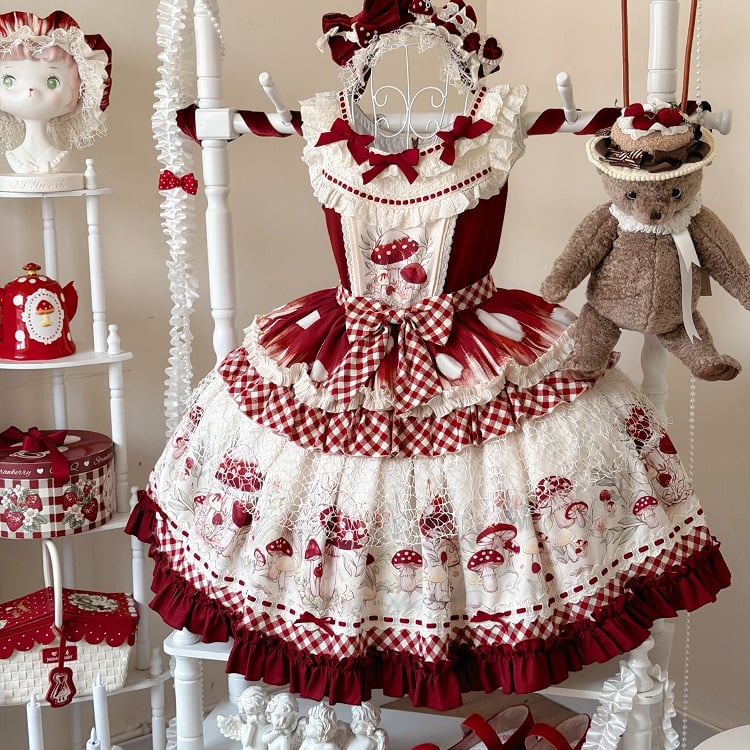 Red and Beige Gingham Mushroom Print Dress with Lace Overlay - Honey Machine