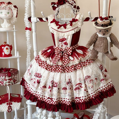 Red and Beige Gingham Mushroom Print Dress with Lace Overlay - Honey Machine