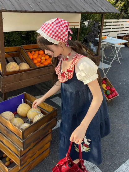 Bunny and Mushroom Embroidery Red Navy Blue Sleeveless Dress Neckline Plaid