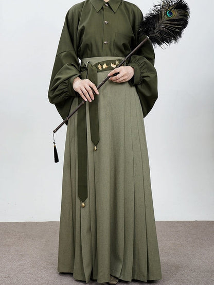 Skirt with Partial Green Style Pleated Waistband Chinese Elastic