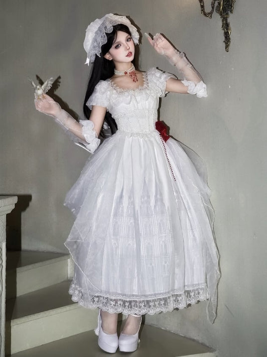 Set OP Lolita Long Goth Neckline White Version Print Full Castle Square Dress