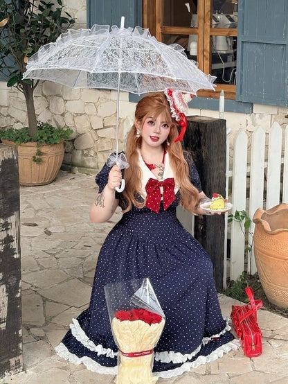 Plus Size Dark Blue Polka Dot Dress with Red Bow & Lace - Hard Candy