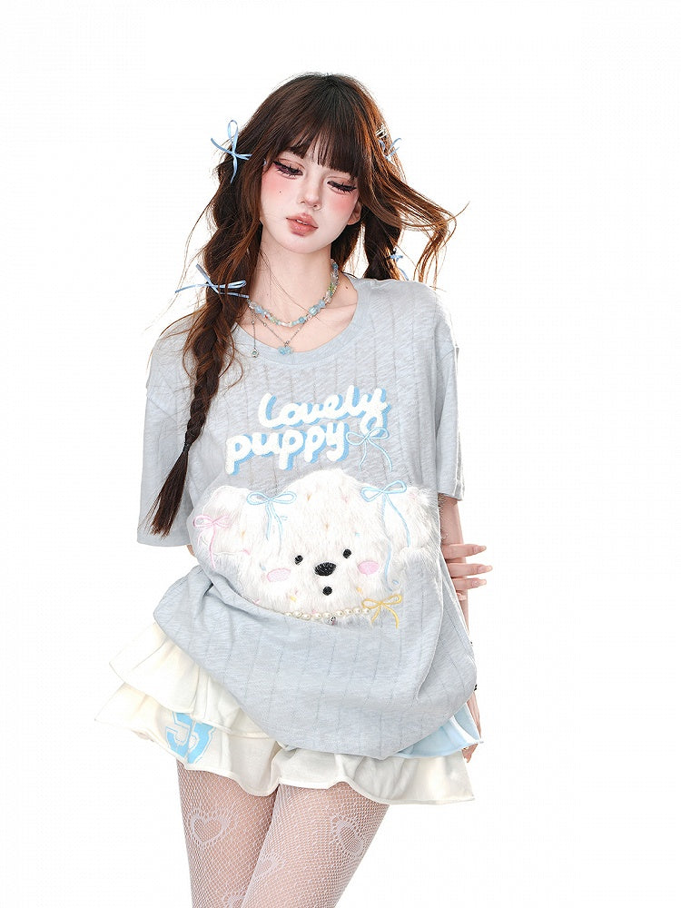 Loose T-Shirt Adorable Plush Puppy Bow Embroidered Blue