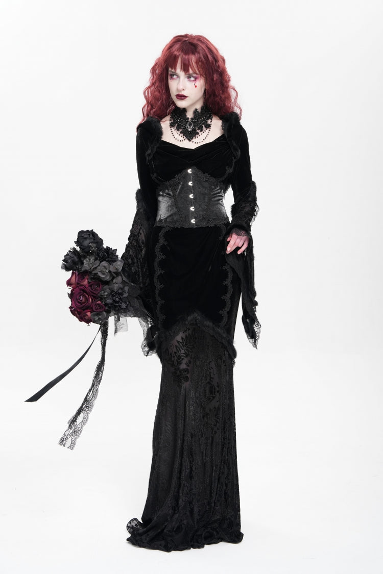 Black Long Trumpet Sleeve Hooded Mesh Gothic Dress Embroidery