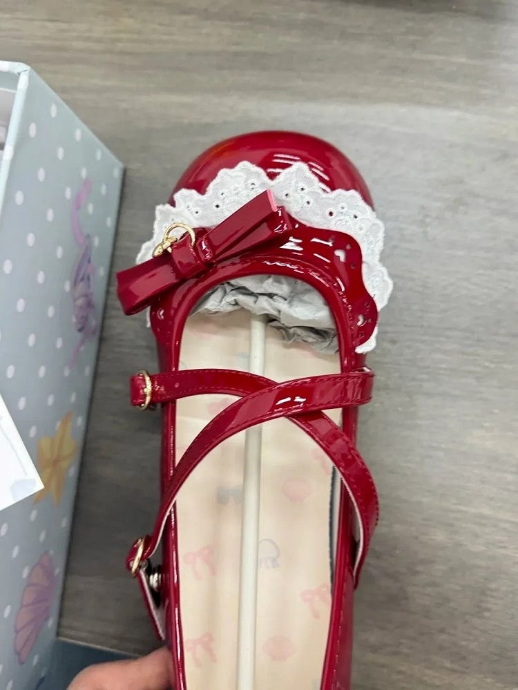 Bow Lolita Crossed Red Low-heel Shoes Details Jane Straps Sweet with Mary
