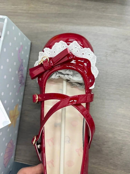 Bow Lolita Crossed Red Low-heel Shoes Details Jane Straps Sweet with Mary