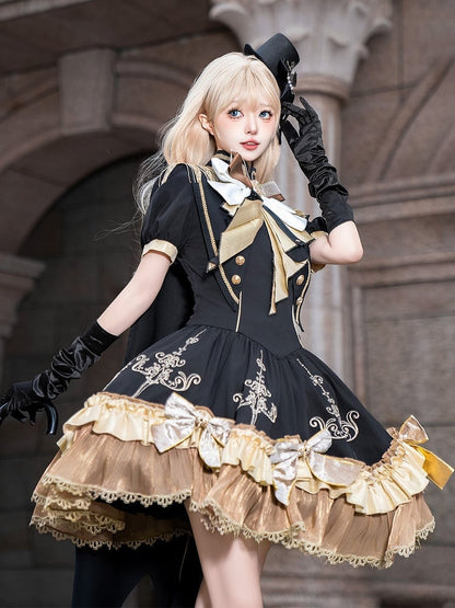 Dress Bow Lolita Lace Gold Black Trim with Details Stand Collar and