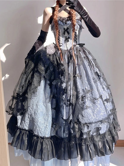 Details Floral Embossed Black Hanayome-style with Blue Lace and Dress Hime Bow Dark Lolita