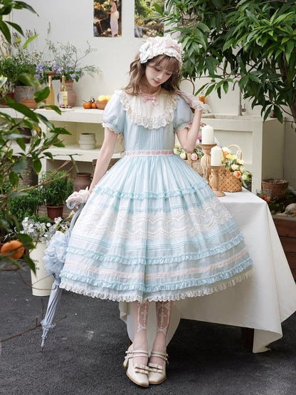 Mint Green Puff Sleeve Lace Trim Elegant Lolita Gown - Pumpkin Planet