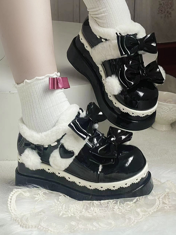 Lolita Black Cute Heart Bow Platform Shoes with Pompons