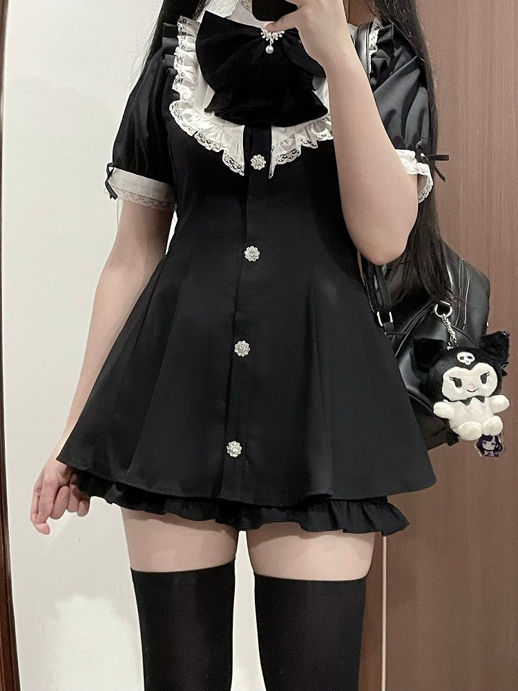 Short Big Jirai Kei Black Detachable Set Sleeves Mini and Jabot Collar Bow Dress+Shorts