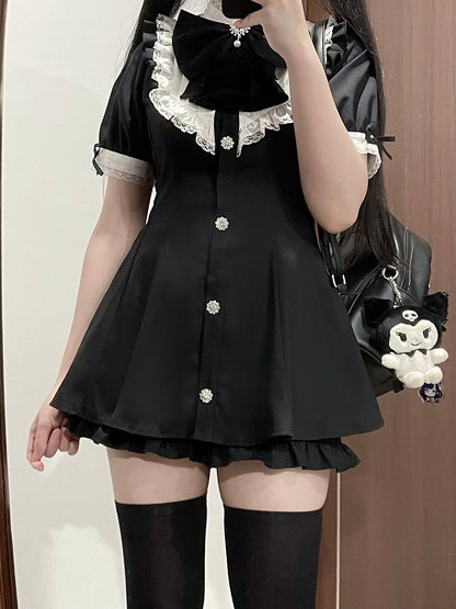 Short Big Jirai Kei Black Detachable Set Sleeves Mini and Jabot Collar Bow Dress+Shorts