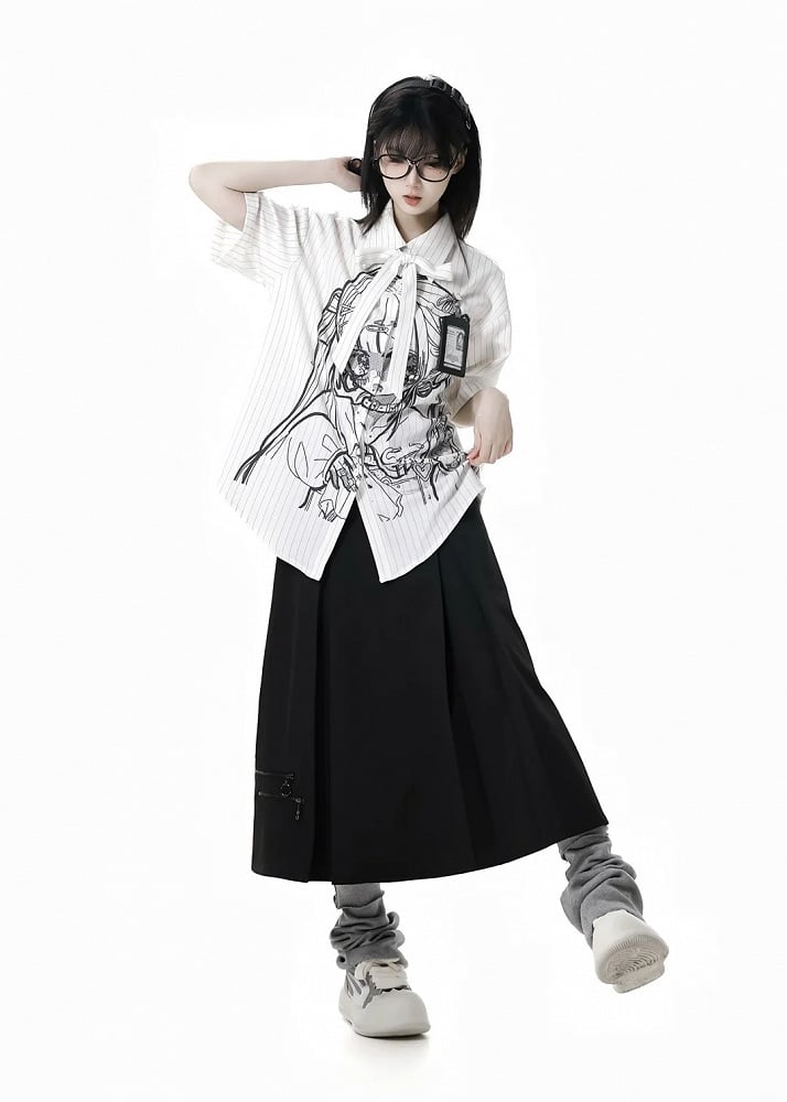 Short Sleeves Shirt Anime Girl Print White Stripes Tie Bow