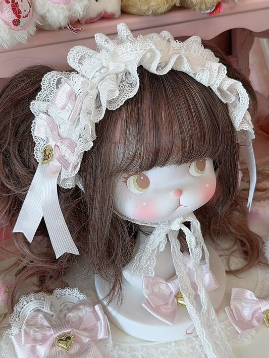 Pattern Striped Details Decorated Heart Hairband Bowknot Pink Ruffled