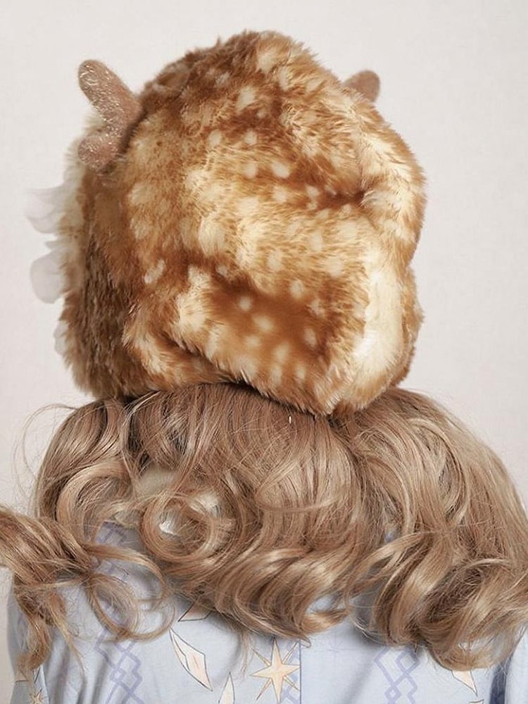 Spotted Earflap Plush Tied Hat Sweet Lolita Deer