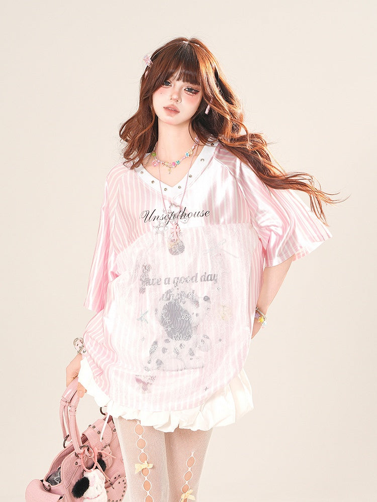 ピンク/シルバー ブロケット コア Vネック ストライプ Tシャツ