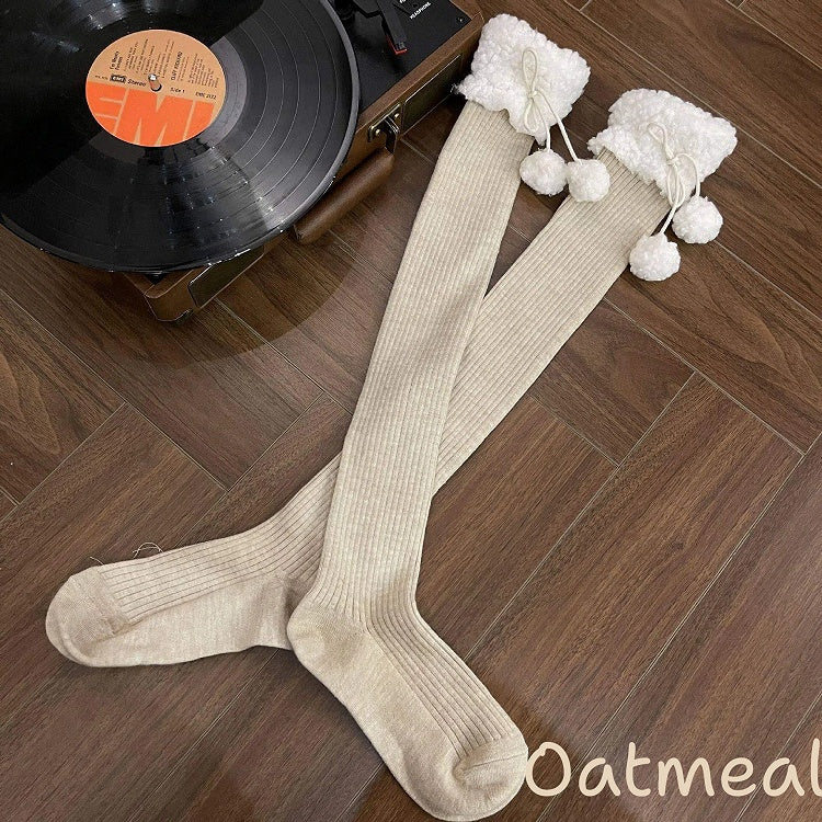 Stockings Ribbed with Pom-Poms Sherpa 5-Color Cuff