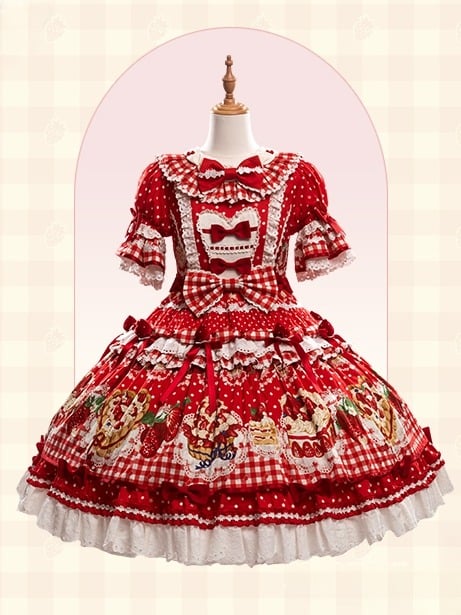 Sleeves Hem Print Lolita Puff Red Ruffle Cake Dress Strawberry with Sweet