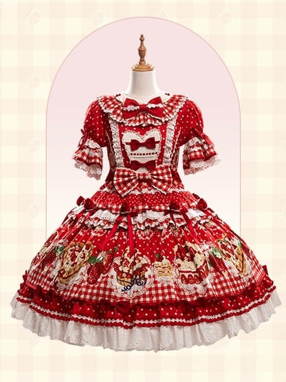 Sleeves Hem Print Lolita Puff Red Ruffle Cake Dress Strawberry with Sweet