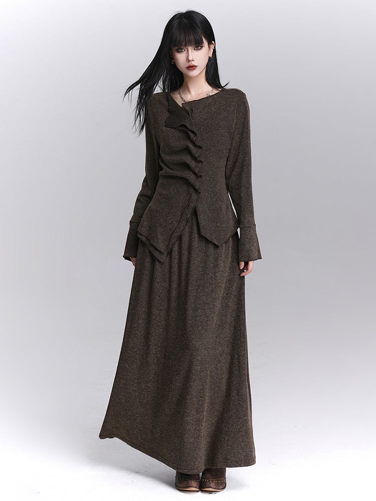 Strap Long V-Neck with Coffee Neck Sleeve Button Details Top