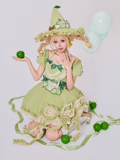 Green Ruffled Sweet Lolita Fluffy OP Dress Full Set