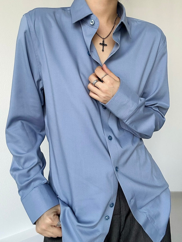 Ouji Long Collar Modal with Flat Unisex Shirt Dusty Blue Sleeve Cuffs Button Pointed Lolita