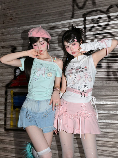 Buckle Armwear Lamb Print White Hooded Free Y2K Cute Tank Top with Star