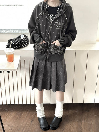 Jacket Dot Raglan Black Gray Bow Polka Hoodie with Decorative / Sleeve