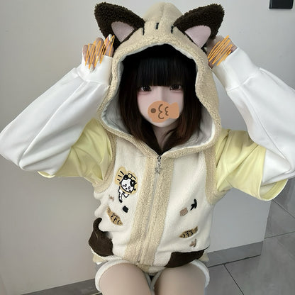 Cozy Khaki Kitty Ear Hood Fleece Vest with Taiyaki and Cat Embroidery  Adorable Cat Pockets