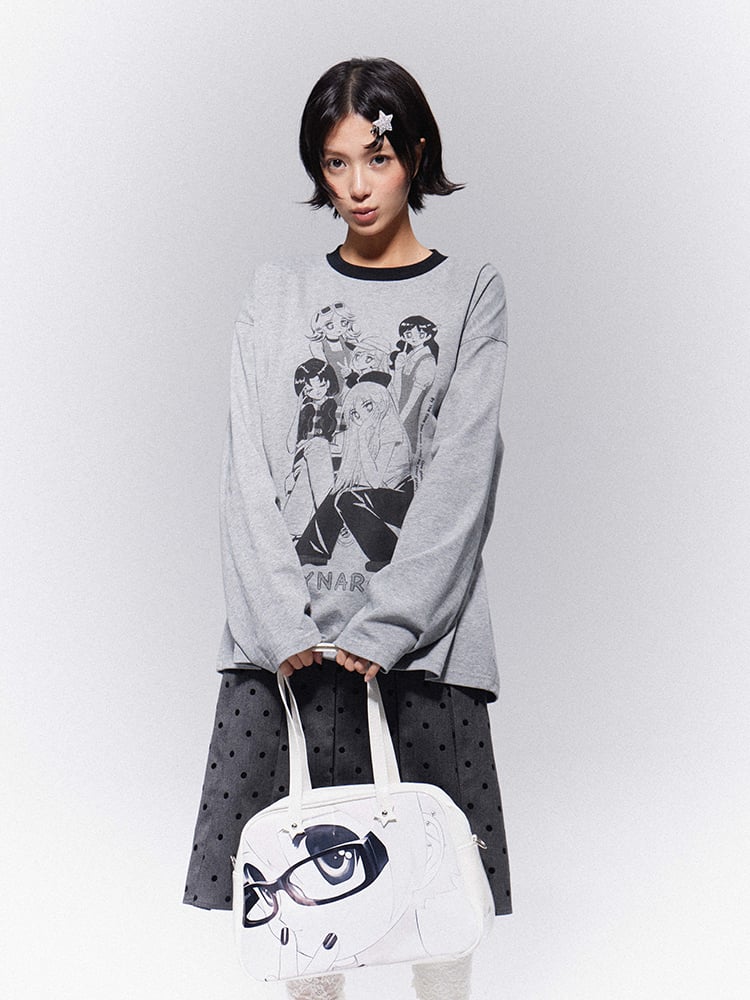 Print Top Neckline Crew Gray Casual Girl Trim with Anime Black