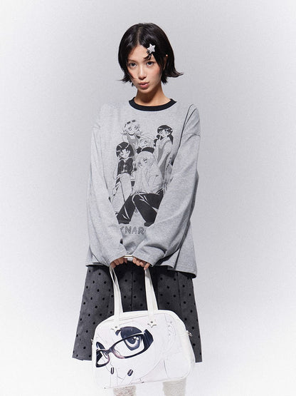 Print Top Neckline Crew Gray Casual Girl Trim with Anime Black