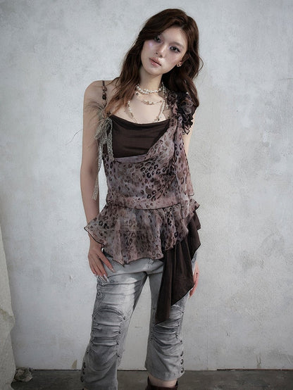 Brown Leopard Cowl-Neck Asymmetric Faux Two-Piece Dress - NO ROMANCE