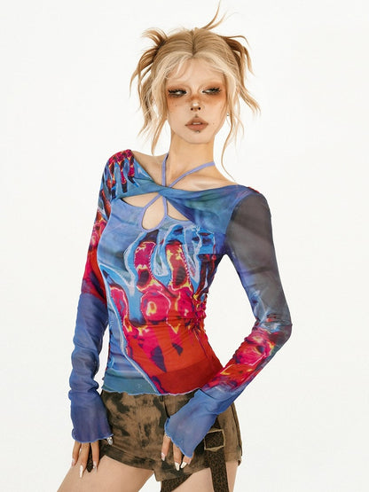 Top Cross Halter with Cutouts Abstract Print Off-Shoulder Blue