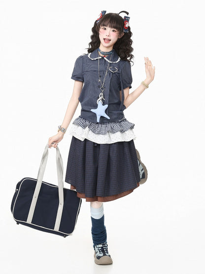 Blue Plaid Peter Pan Collar Shirt with Puff Sleeves and Heart Buckle - Languid Park
