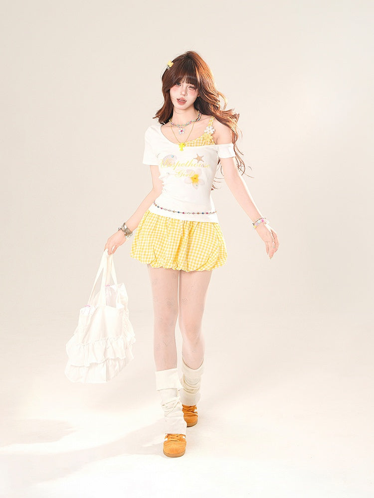 Yellow/Red Plaid Drawstring Waist Bubble Skirt