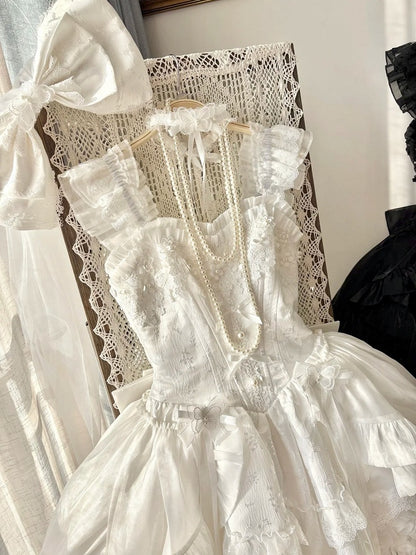 Blooming Layered Jacquard Hime Lolita Dress – Basque Waist with Lace & Fluffy Flower Accents | Sheer Ocean