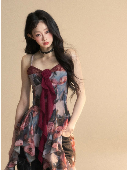 Malerei Rot Öl Cami Top Asymmetrische Volant Verziert Saum Floral Glamourös