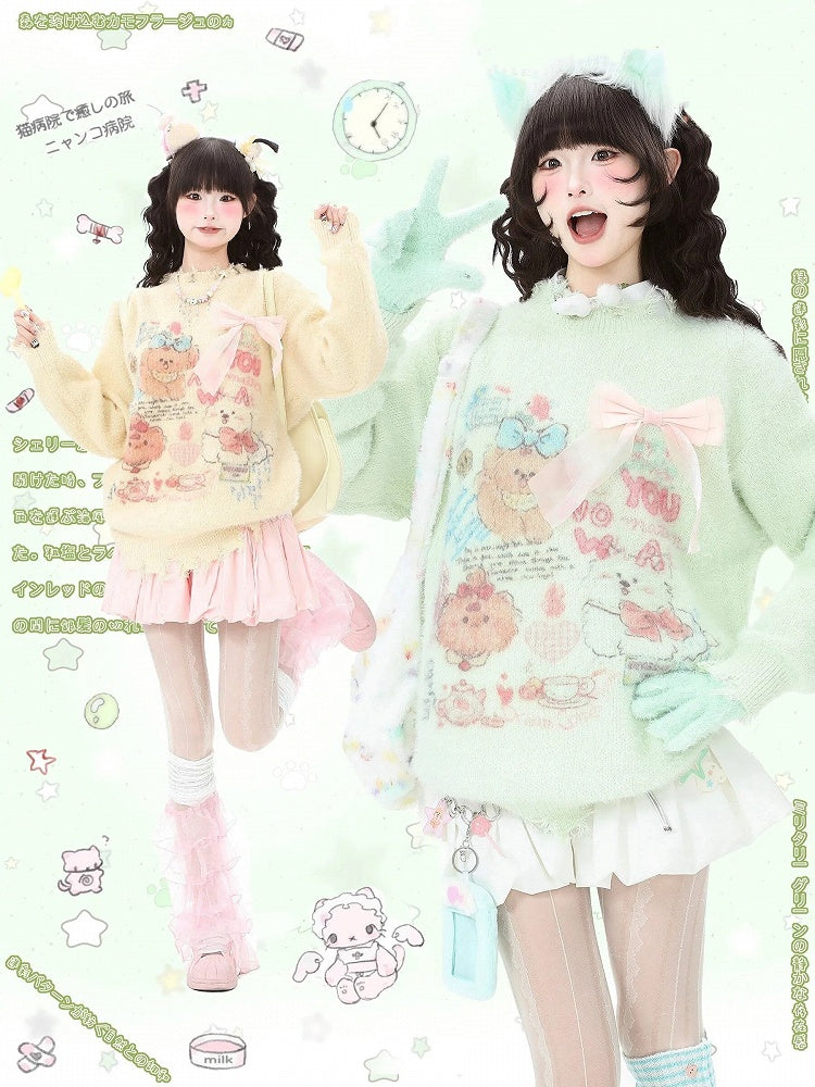 and Sweater - Hem Kawaii Apricot/Green Distressed Daily Neckline