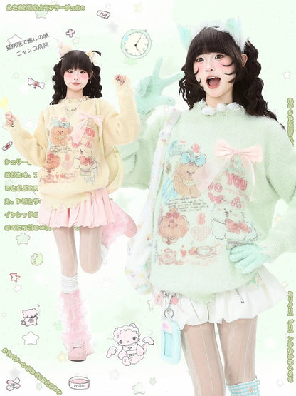 and Sweater - Hem Kawaii Apricot/Green Distressed Daily Neckline