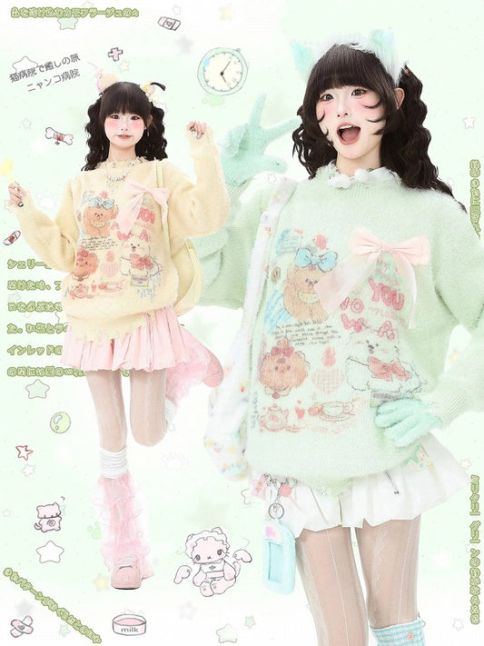 and Sweater - Hem Kawaii Apricot/Green Distressed Daily Neckline