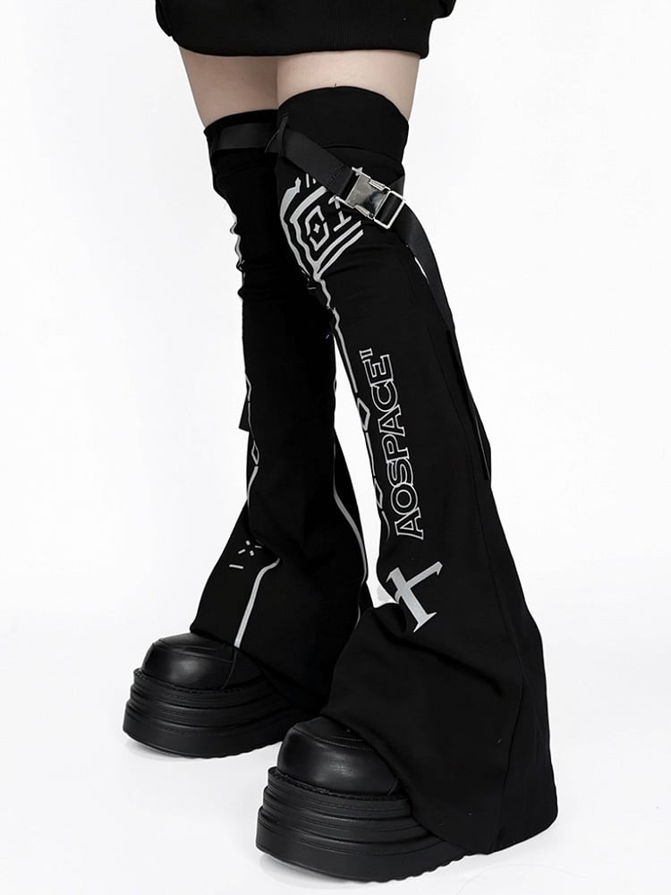 Reflective Leg Warmers Black Cyberpunk Design Techwear Flared Print