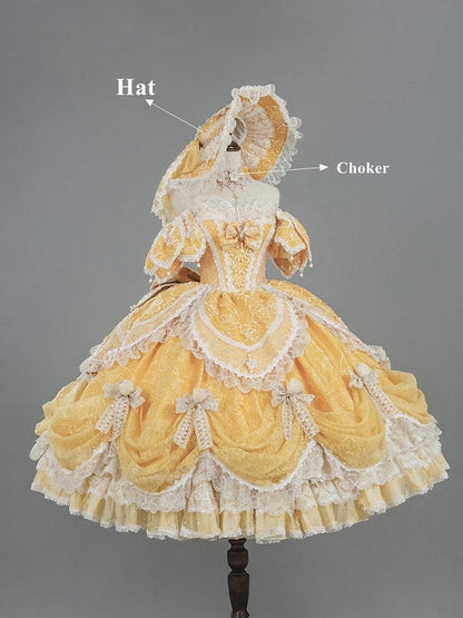 Hanayome Details Bow Yellow Layered Lace Gown and Ruffles Version with Short Lolita Hime Off-Shoulder