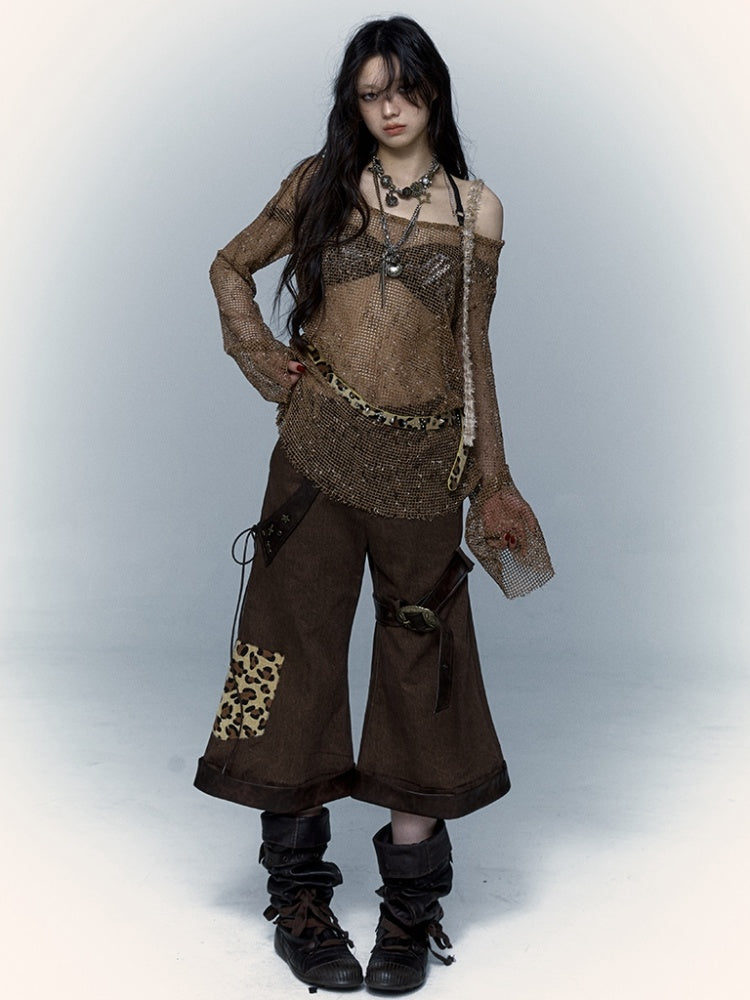 ヒョウ柄ポケット付きブラウンパンクローウエストパンツ