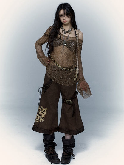 ヒョウ柄ポケット付きブラウンパンクローウエストパンツ