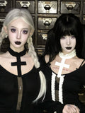 Black/White Choker Ruffled Design Gothic Cross with