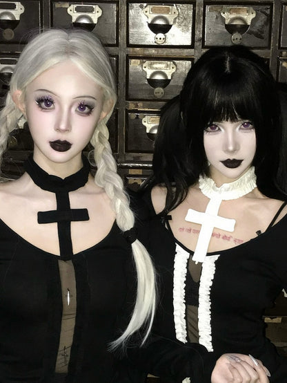 Black/White Choker Ruffled Design Gothic Cross with